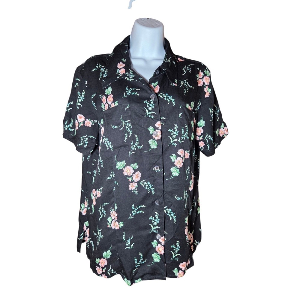 Vtg Black Pink Floral Women's Button Down SS Pockets Rayon M NWT Crazy Horse